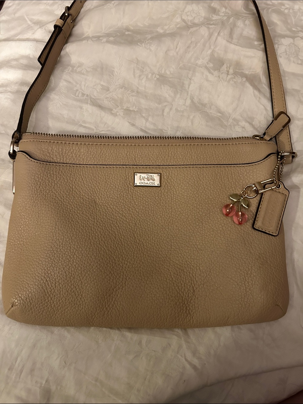 Coach Pebbled Leather Crossbody in Taupe with Charm